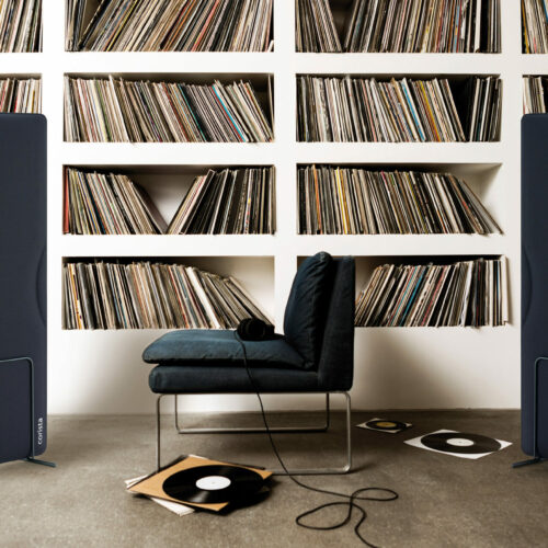 A collection of vinyl records on shelfs.